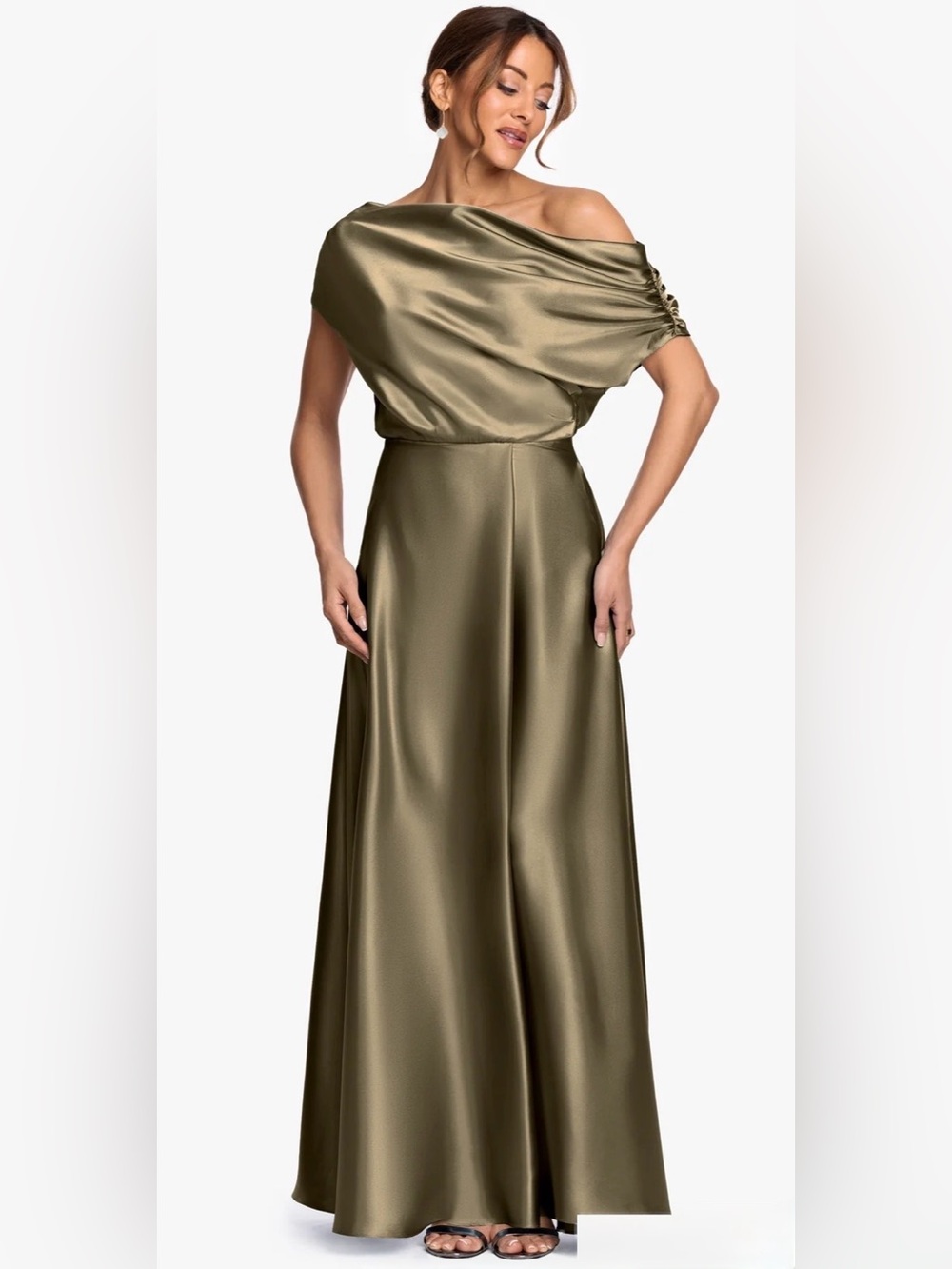 Betsy and Adam "SOLEY" SATIN OFF THE SHOULDER RUCHED GOWN Olive Size 12